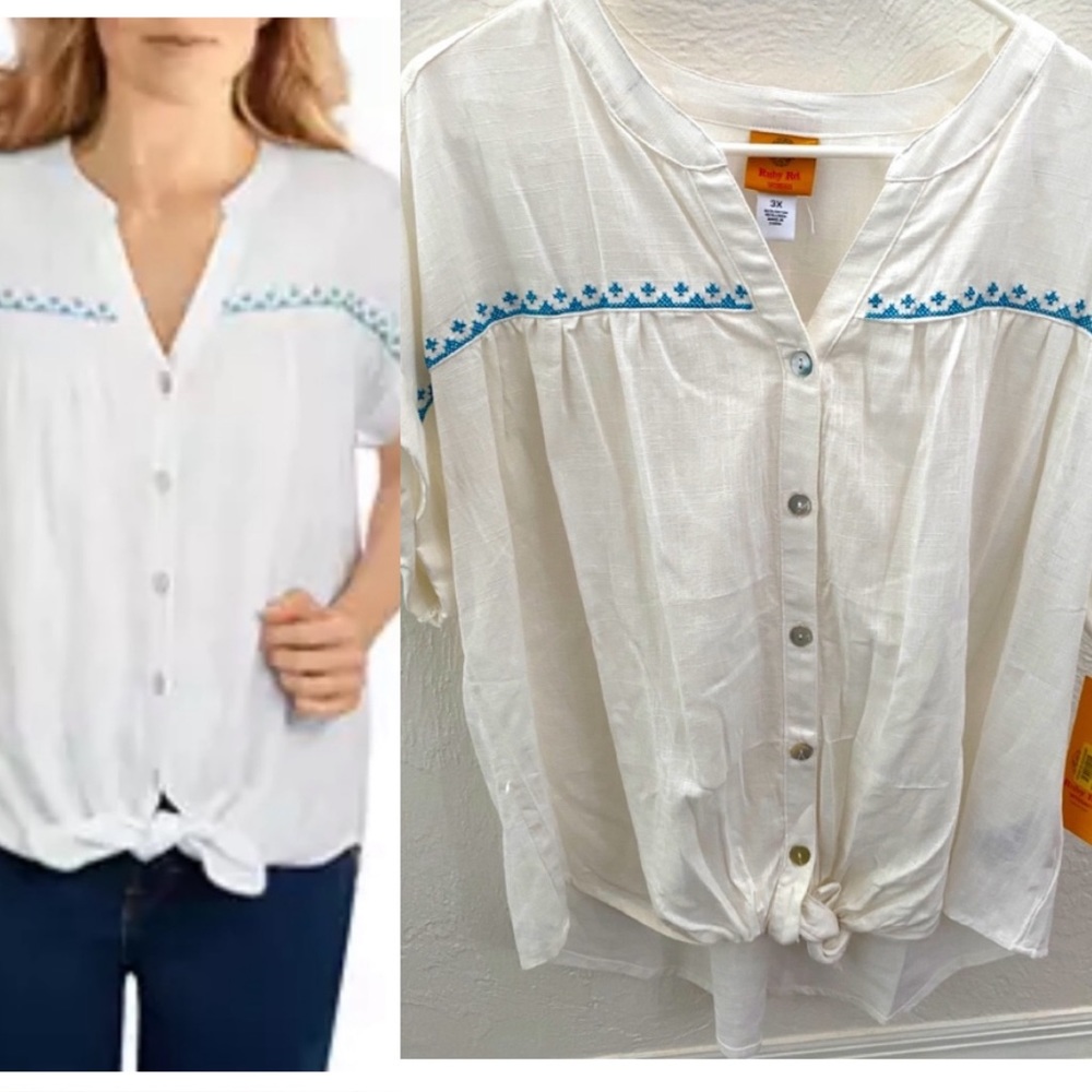 RUBY RD | NWT LINEN Blouse Tie Front Boho Drop Shoulder 3X